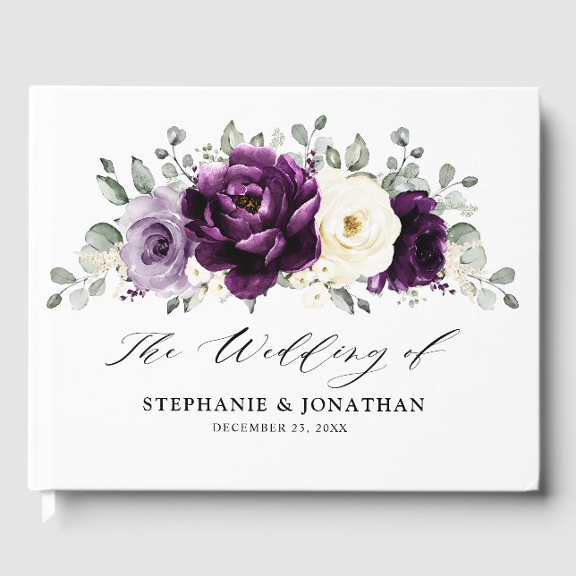 Eggplant Lila Plum Elfenbeinblütenhochzeit Gästebuch (Vorderseite)