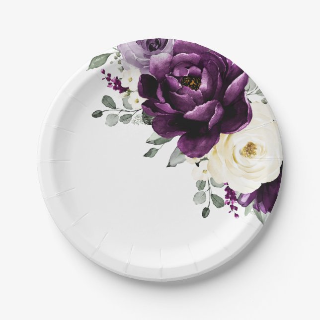 Eggplant Lila Plum Elfenbeinblütenhochzeit Pappteller (Vorderseite)