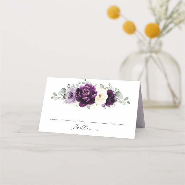 Eggplant Lila Plum Elfenbeinblütenhochzeit Platzkarte (Vorderseite)