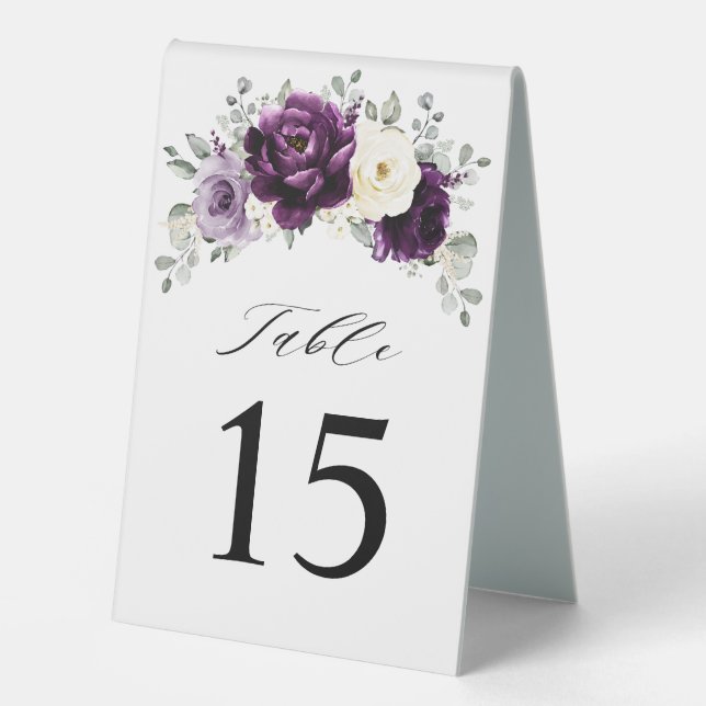 Eggplant Lila Plum Elfenbeinblütenhochzeit Tischaufsteller (Vorderseite)