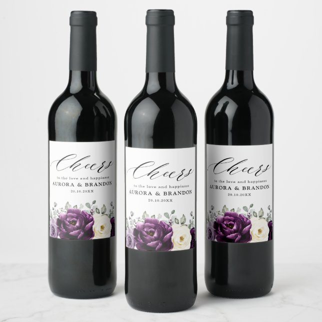 Eggplant Lila Plum Elfenbeinblütenhochzeit Weinetikett (Flaschen)