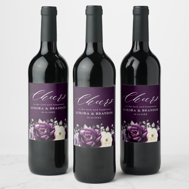 Eggplant Lila Plum Elfenbeinblütenhochzeit Wi Weinetikett (Flaschen)