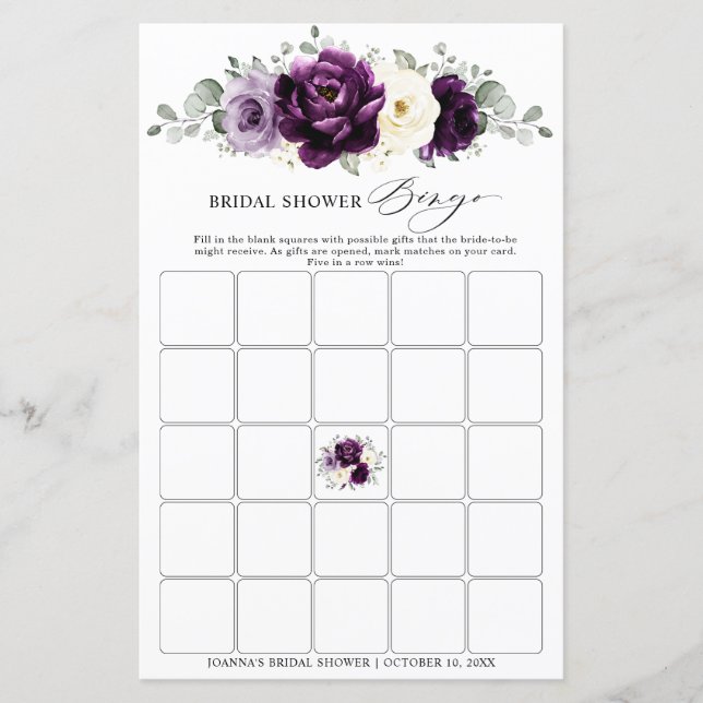 Eggplant Lila Plum Ivory Brautparty Bingo (Vorderseite)