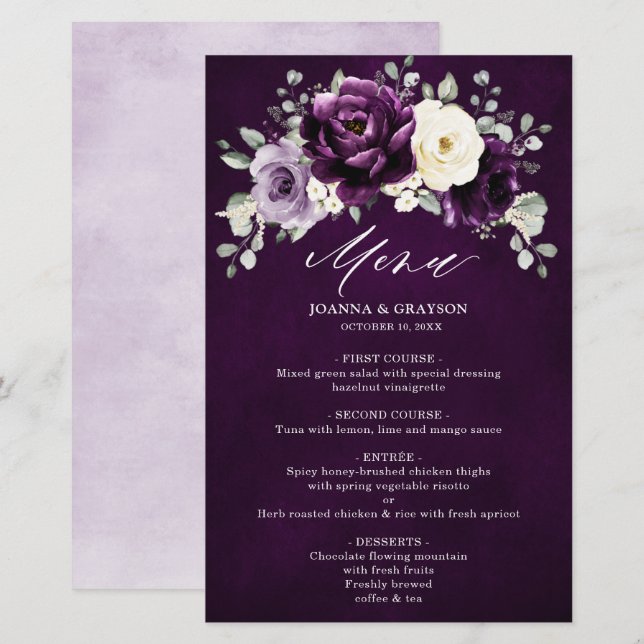 Eggplant Lila Plum Ivory Floral Wedding Menu (Vorne/Hinten)