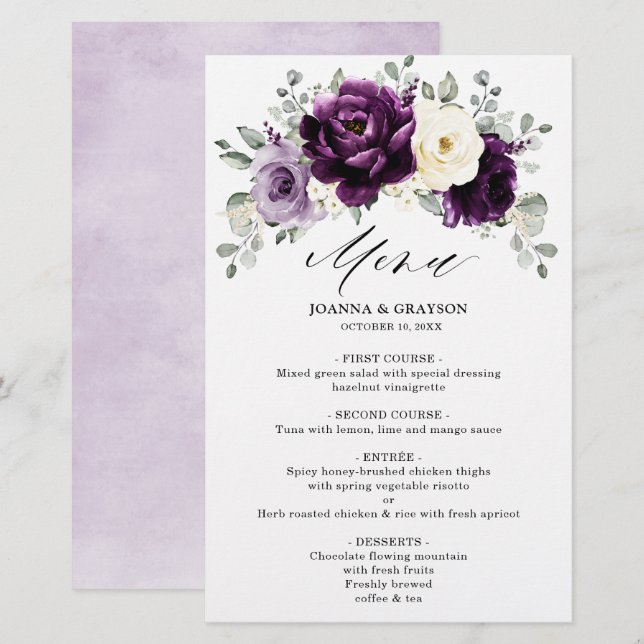 Eggplant Lila Plum Ivory Floral Wedding Menu (Vorne/Hinten)