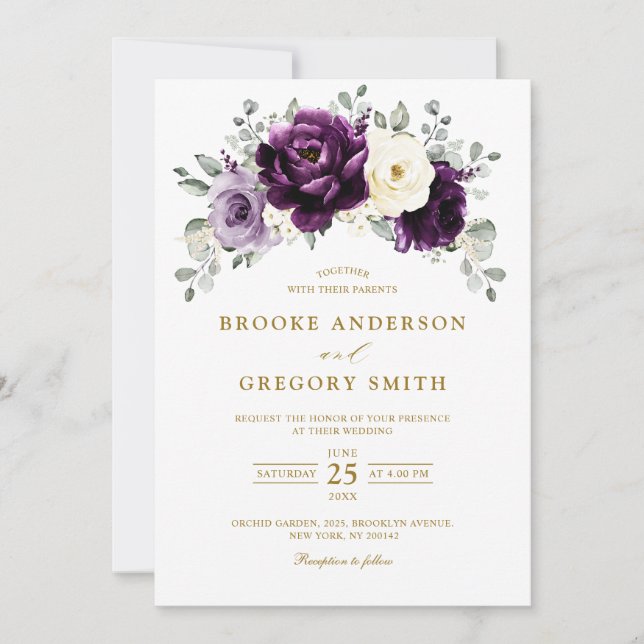 Eggplant Lila Plum Ivory Gold Floral Wedding Einladung (Vorderseite)