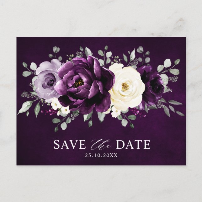 Eggplant Lila Plum Ivory Save the Date weiß Postkarte (Vorderseite)