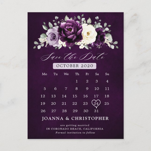 Eggplant Lila Plum Ivory Save the Date weiß Postkarte (Vorderseite)