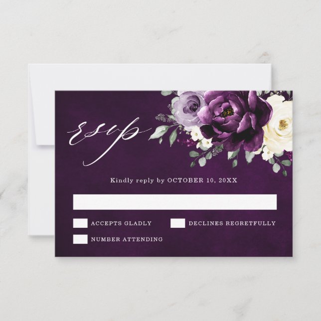 Eggplant Lila Plum Ivory White Floral Wedding RS RSVP Karte (Vorderseite)