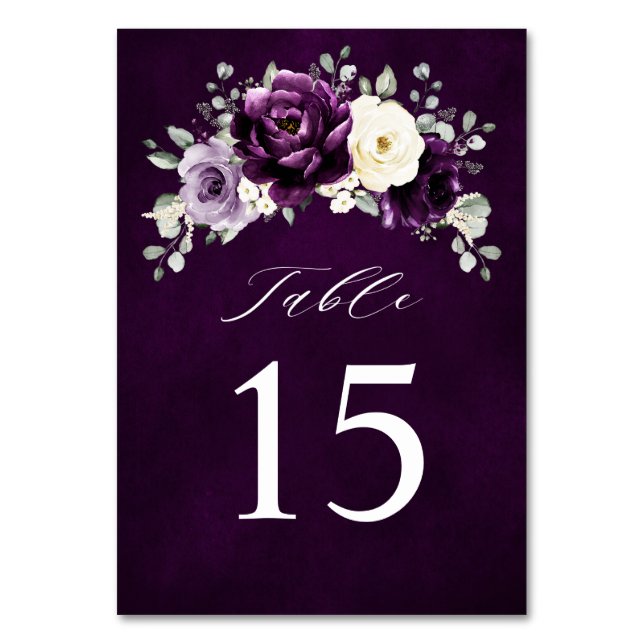 Eggplant Lila Plum Ivory White Floral Wedding Ta Tischnummer (Vorderseite)