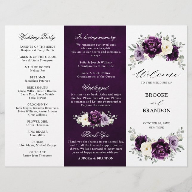 Eggplant Lila Plum Ivory White Tri-Fold-Programm (Vorderseite)