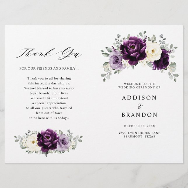 Eggplant Lila Plum Ivory White Wedding Program (Vorderseite)
