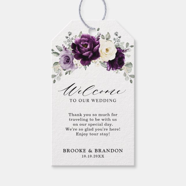 Eggplant Lila Plum Ivory White Wedding Willkommen Geschenkanhänger (Vorderseite)