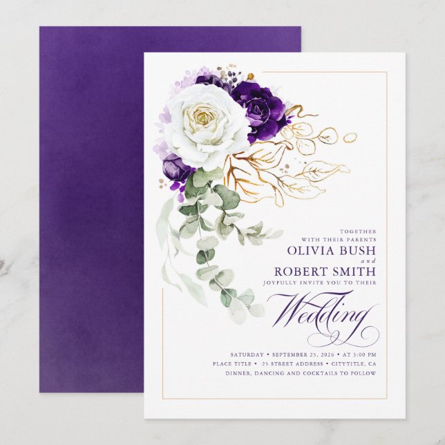 Eggplant Lila Royal Chic Boho Floral Wedding Einladung (Vorne/Hinten)