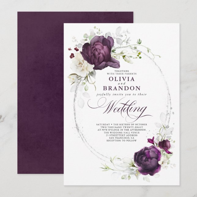 Eggplant Lila und White Floral Boho Wedding Einladung (Vorne/Hinten)