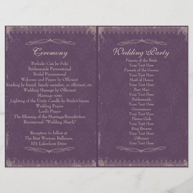 Eggplant Lila Vintage Wedding Zeremonie Programm (Vorderseite)
