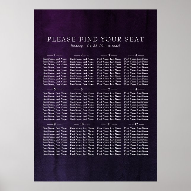 Eggplant Lila Wasserfarben Hochzeitsdiagramm Poster (Vorne)