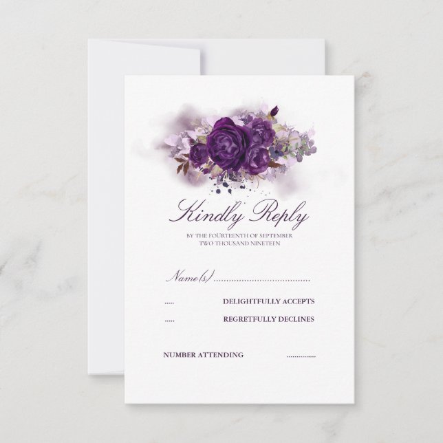 Eggplant Lila Wasserfarben Hochzeitswetter RSVP Karte (Vorderseite)