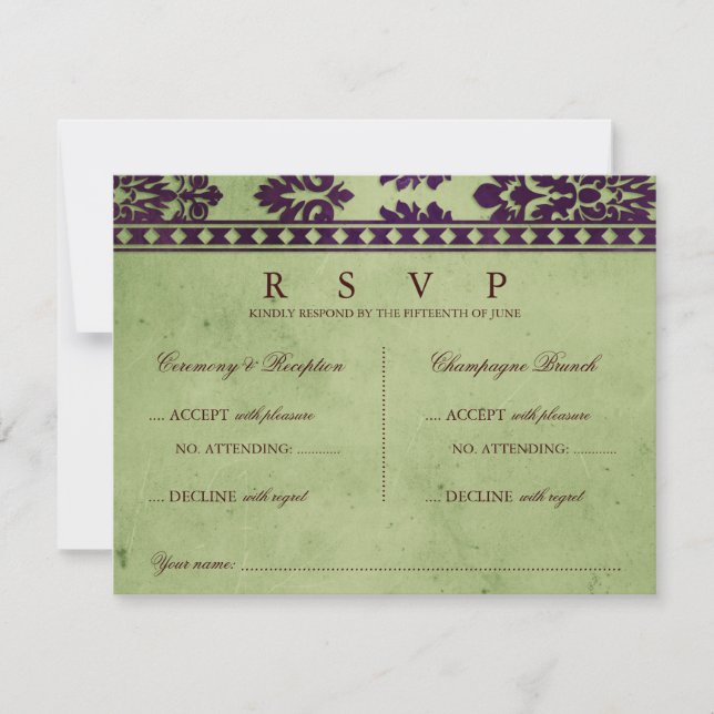Eggplant Olive Damask Lace Wedding Double UAWG RSVP Karte (Vorderseite)