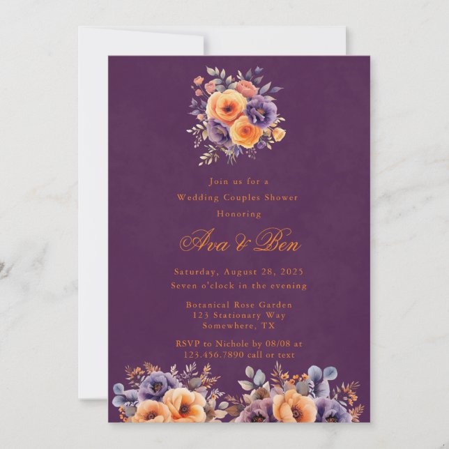 Eggplant Orange Floral Wedding Couples Dusche Einladung (Vorderseite)