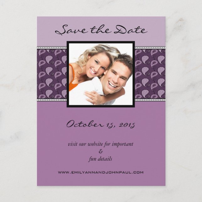 Eggplant Plum Paisley Save the Date Ihr Foto Ankündigungspostkarte (Vorderseite)
