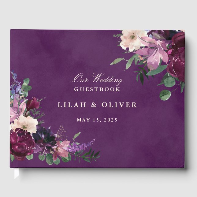 Eggplant Purple Floral Mariage Livre d'invité (Recto)