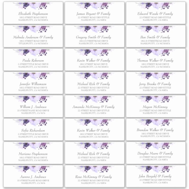 Eggplant Purple Flowers Guest Names Address Labels (Vorderseite)