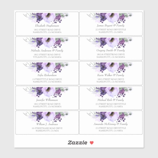 Eggplant Purple Flowers Guest Names Address Labels (Blatt)