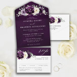 Eggplant Purple Plum Ivory White Floral Wedding Al All In One Einladung<br><div class="desc">Elegant floral midsummer wedding invitation features a bouquet of watercolor roses peonies in shades of purple plum, champagne ivory floral and sage , lush green botanical eucalyptus leaves. Please find more matching designs and variations from my "blissweddingpaperie" store. And feel free to contact me for further customization or matching items....</div>