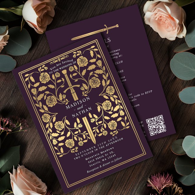 Eggplant Royal Medieval Gold Sword Wedding QR Code Einladung (Von Creator hochgeladen)