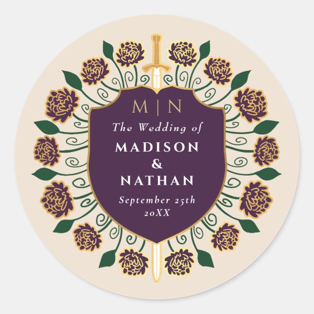 Eggplant Sword Shield Fantasy Monogram Wedding Runder Aufkleber (Vorderseite)