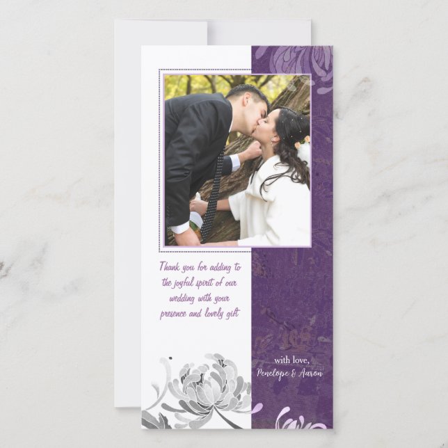 Eggplant White Floral Wedding Danke Foto Card (Vorderseite)