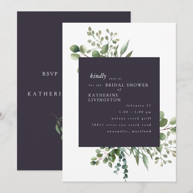 Eggplant & White Foliage Bridal Dusche Einladung (Vorne/Hinten)