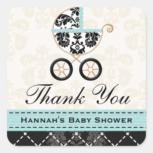 Eggshell Blue Damask Baby Carriage Vielen Dank Quadratischer Aufkleber (Vorderseite)