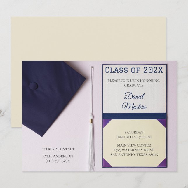 Eggshell/Navy Blue Graduation Einladung (Vorne/Hinten)