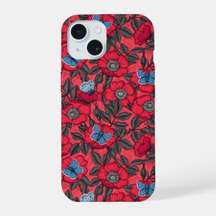 Églantier et papillons en rouge et bleu