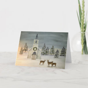 Église paisible et carte de Noël des cerfs