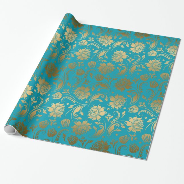 EGold & Turquoise Blauer Blumenmuster Geschenkpapier (Ungerollt)
