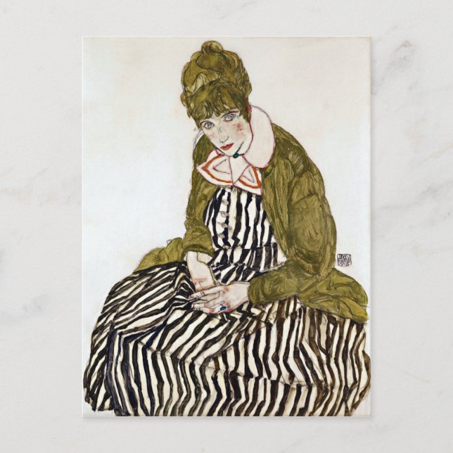 Egon Schiele Edith mit gestreiftem Kleid, Sitzen Postkarte (Vorderseite)