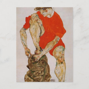 Egon Schiele-Female Model in Red Jacket & Pants Postkarte