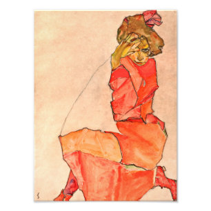 Egon Schiele - kniende Frau im orange Rot-Kleid Fotodruck