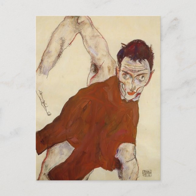 Egon Schiele - Selbstportrait in einer Kerkine Postkarte (Vorderseite)