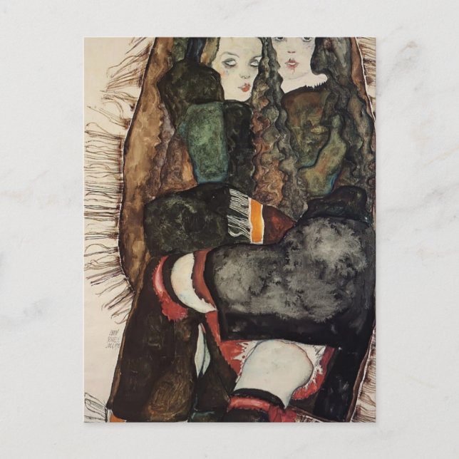 Egon Schiele - Zwei Mädchen auf einer Ringblankett Postkarte (Vorderseite)