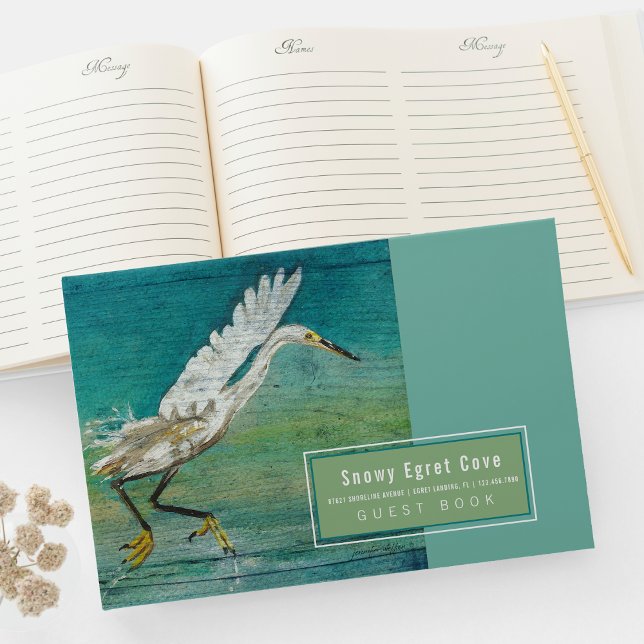Egret Beach House Vacation Rental Gästebuch (Gorgeous Egret Shorebird On Water Art Guest Book from Jenn's Emporium. )
