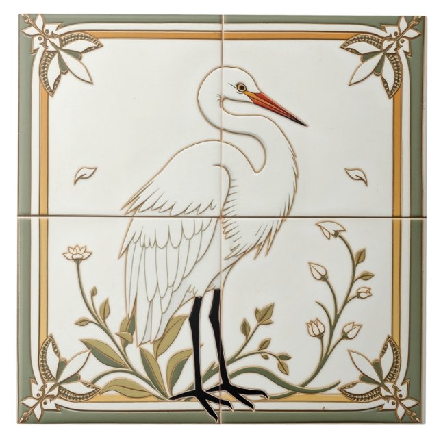 Egret - Kunsthandwerk Keramik Tile Fliese (Vorderseite)