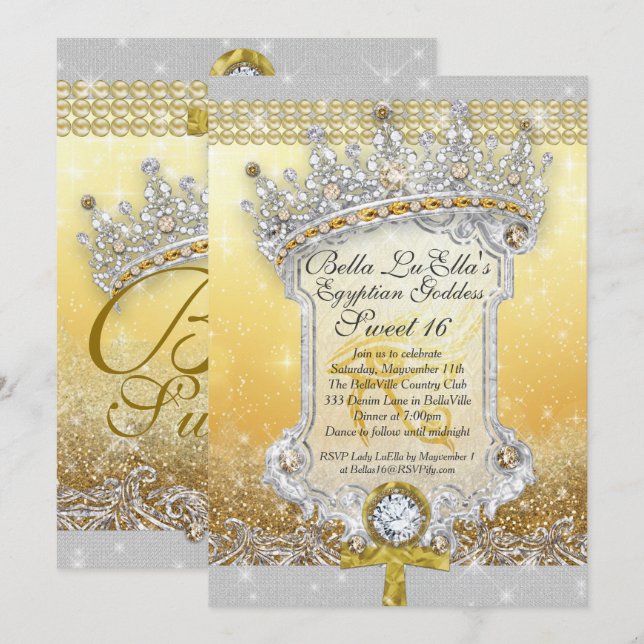Égypte Bling Sweet 16 Invitations Quince (Devant / Derrière)