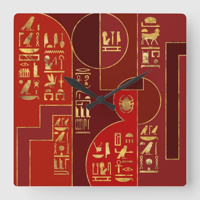 Egyptian Geometric Art Deco Red and Gold Quadratische Wanduhr (Vorderseite)