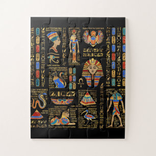 Egyptian hieroglyphs and deities on black