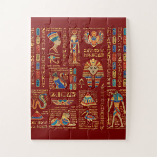 Egyptian hieroglyphs and deities on red