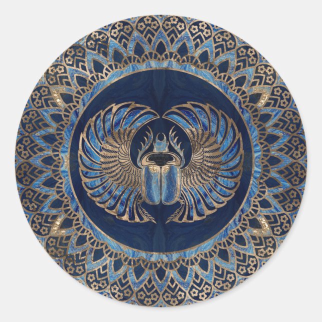 Egyptian Scarab Beetle Gold and Blue Marble Runder Aufkleber (Vorderseite)
